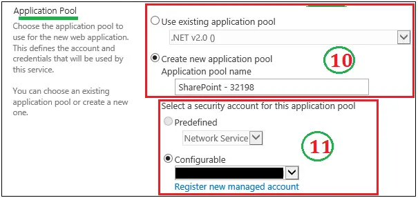 Create new web appliction Application pool