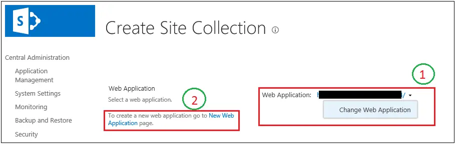 Create Site Collection page web application