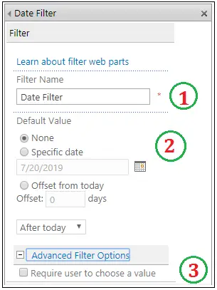 Date Filter Web part properties