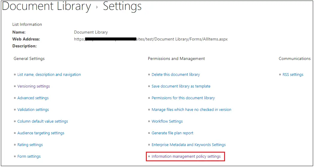 Document Library Information management policy settings Navigation