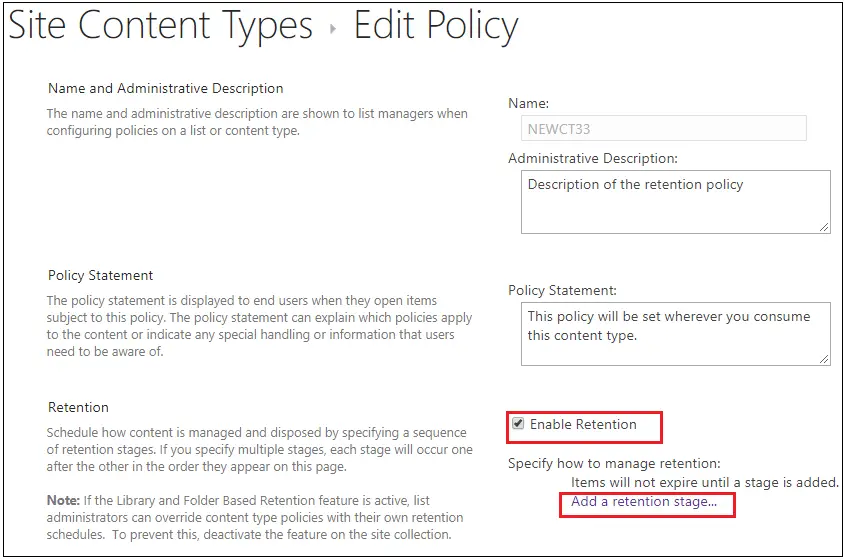 Site Content Type Edit Retention Policy