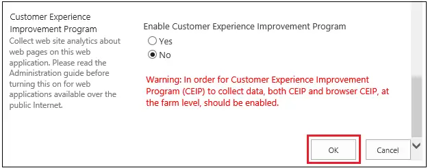 create new web application CEIP Customer Experience Improvement Program