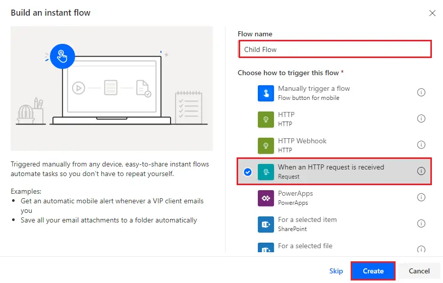 MS Flow Choose trigger – When an HTTP request is received