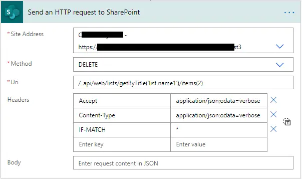 MS Flow SharePoint rest api delete List Item