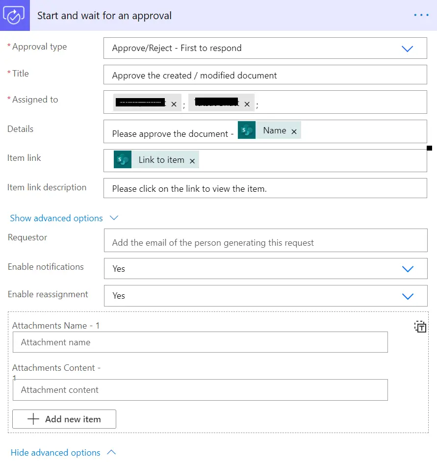 Start and wait for an approval properties