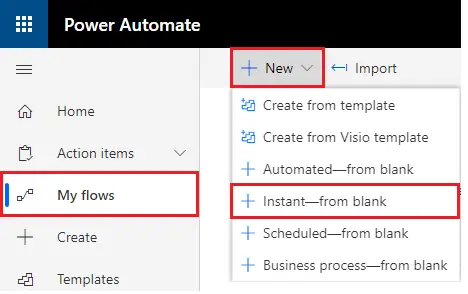 create instant blank ms flow