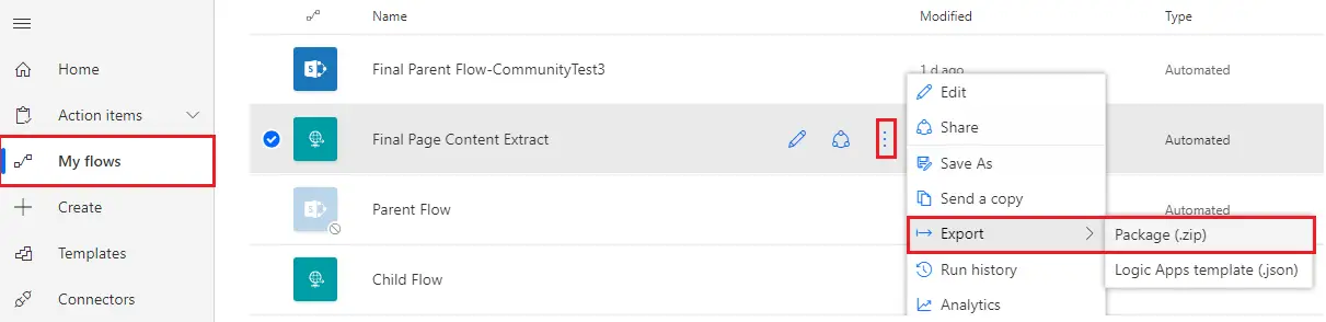 export ms flow package click