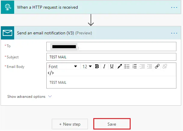 ms flow Send an email notification action