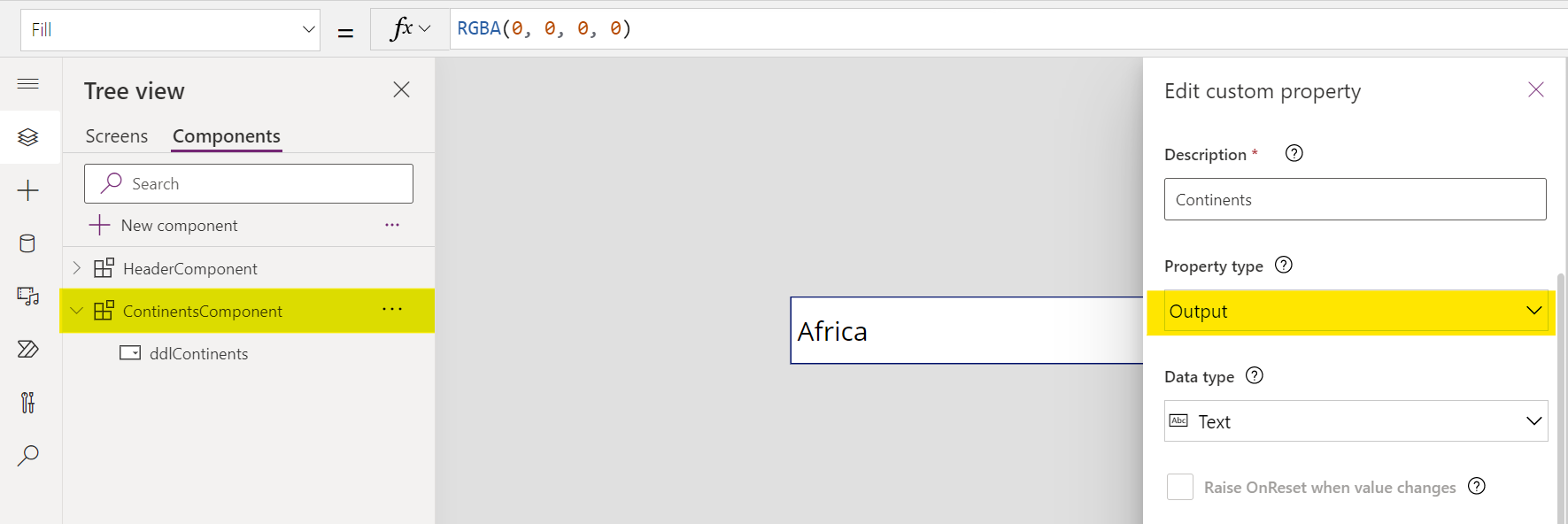 output type custom property