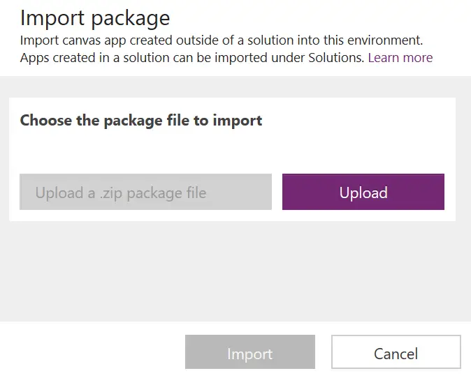 powerapps choose package to import
