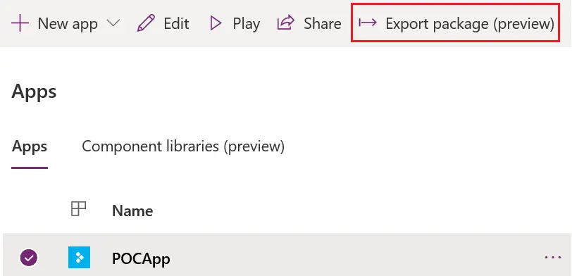 powerapps export package link
