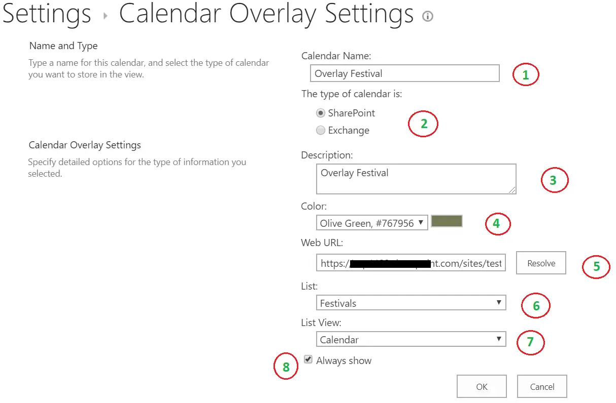 Calendar overlay settings form