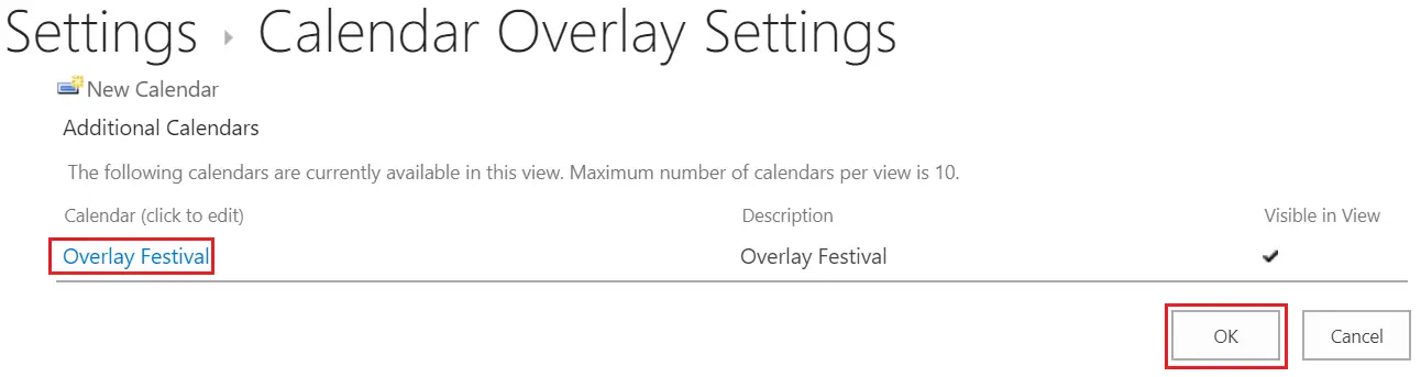 Calendar overlay settings page