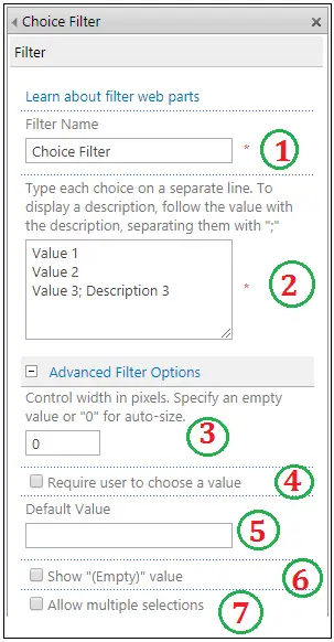 Choice Filter Web part properties