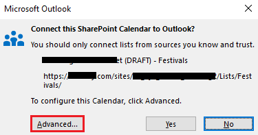 Connect to SharePoint application to Outlook advanced button