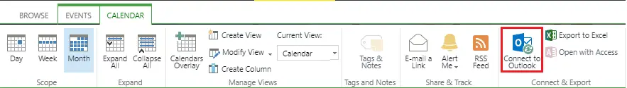 Connect to outlook navigation from sharepoint calendar