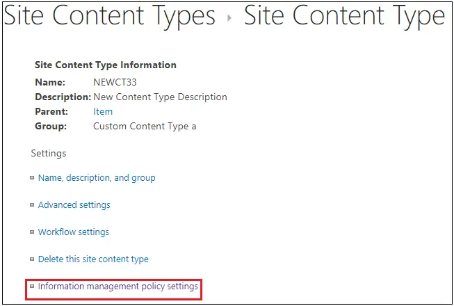 Content Type Information management policy settings Navigation