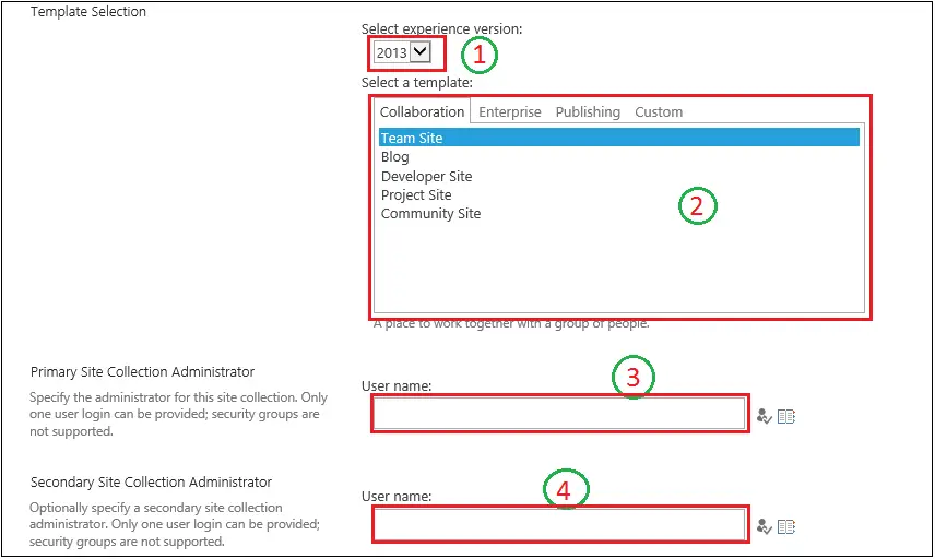 Create Site Collection page template selection