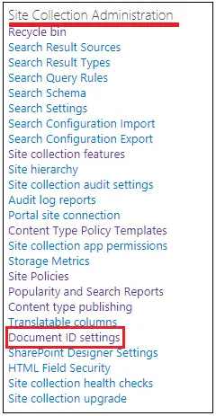 Document ID Settings Navigation