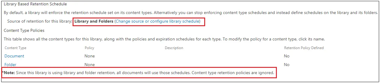 Document Library Information management policy page After Setting policy