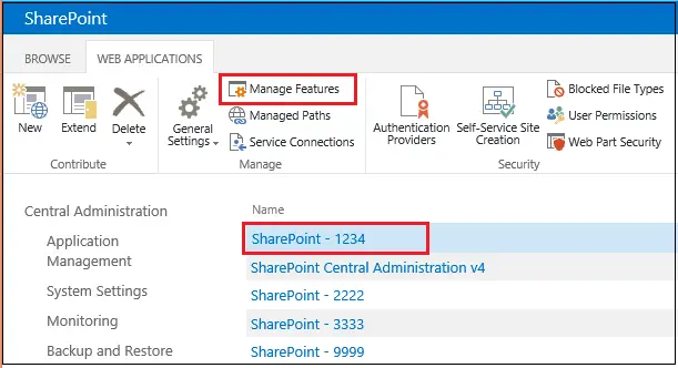 Locate Manage Feature in Central administration