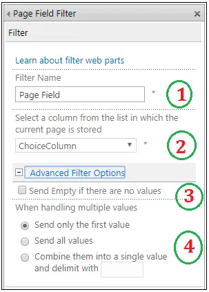 PageField Filter Web part properties