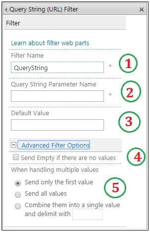 Qury String URL Filter Web part properties