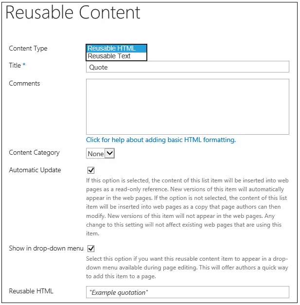 Reusable Content Form