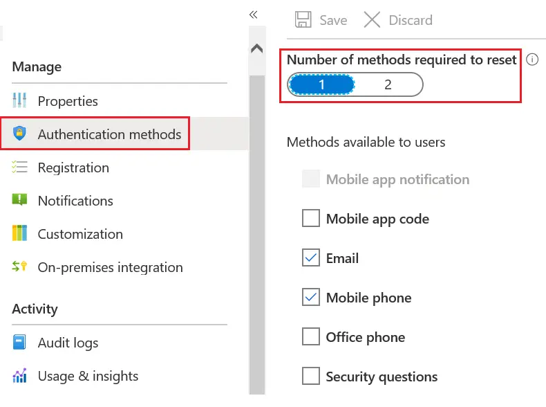 SSPR Authentication methods