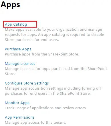 SharePoint Admin Center app catalog navigation