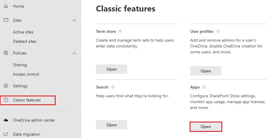 SharePoint Admin Center classic features