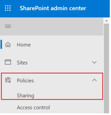 SharePoint Admin Center sharing navigation