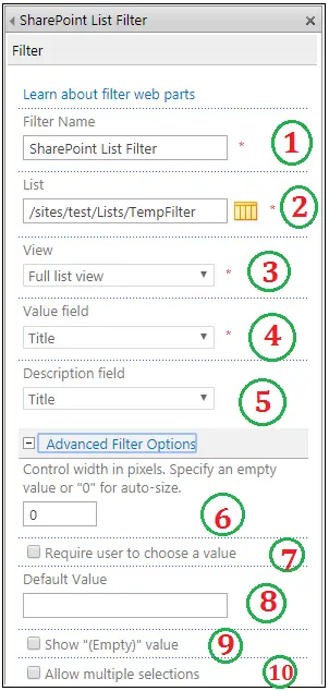 SharePoint List Filter Web part properties