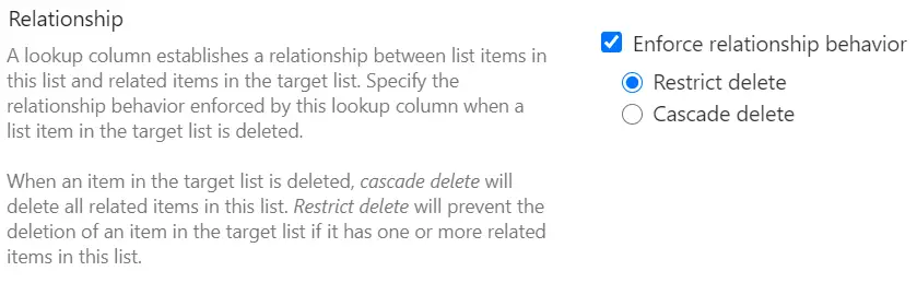 SharePoint lookup column enforce relationship behavior