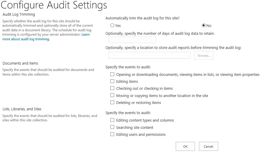 SharePoint on premises Site collection audit settings