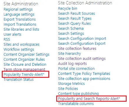 Site and Site Collection Usage Report navigation