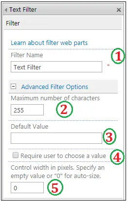 Text filter web part properties