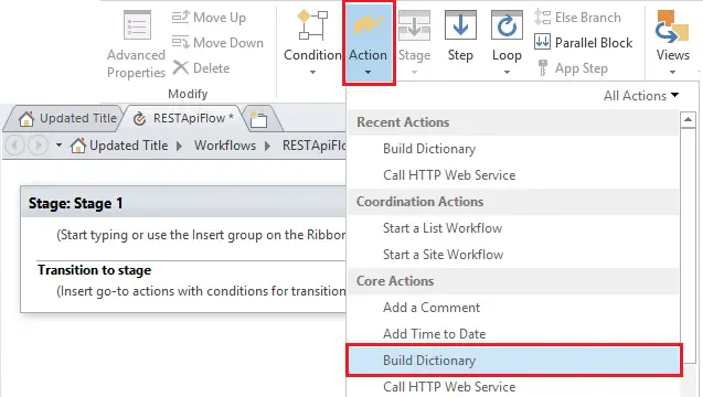 add action build dictionary