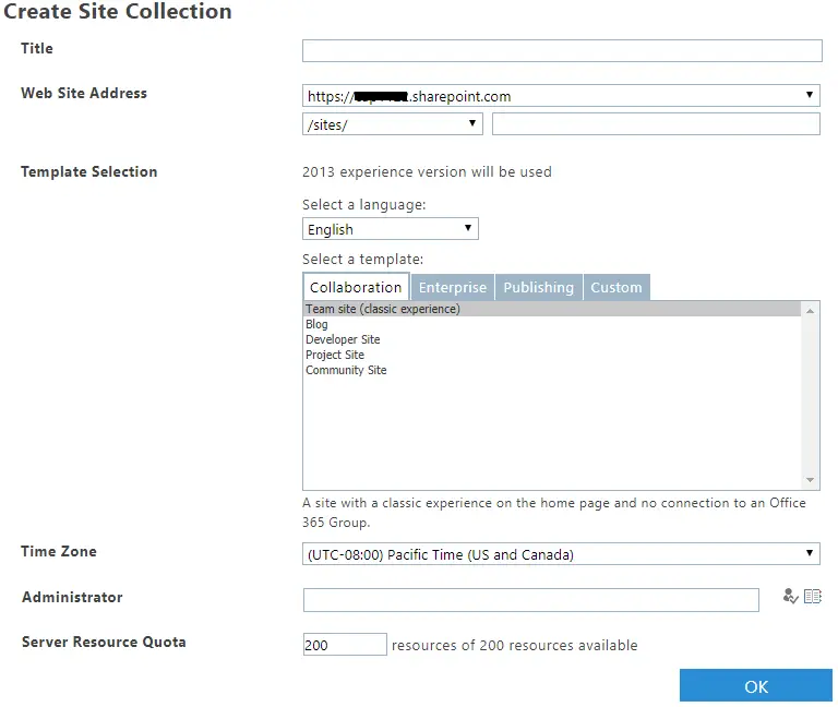 create site collection form