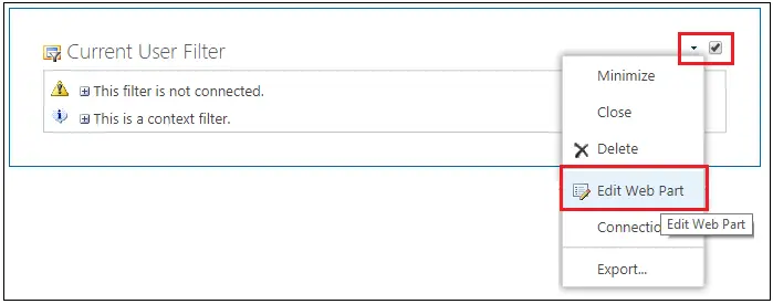 current user Filter Web part edit webpart navigation