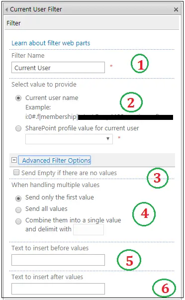 current user Filter Web part properties