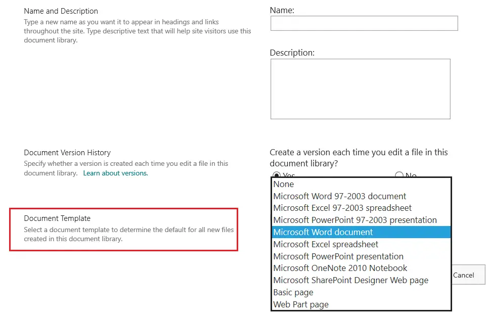 document template select options