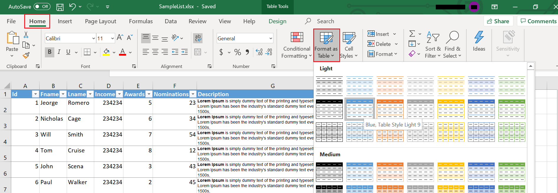 excel format as table