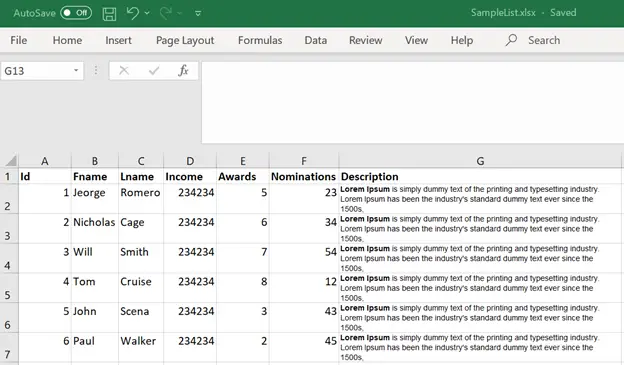 excel with data