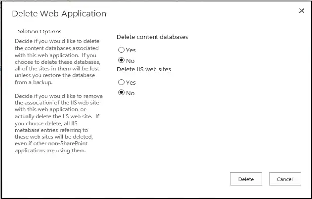 first option delete webapplication