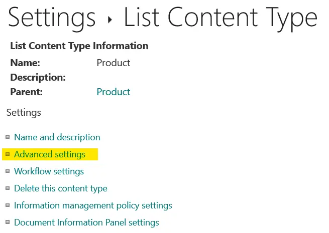 list content type advanced settings