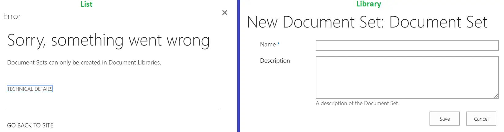 list vs library document set