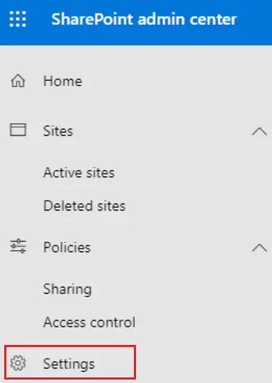 sharepoint admin center settings navigation