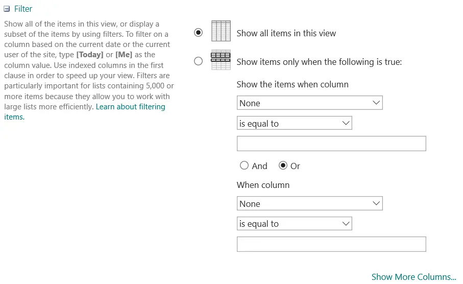 view columns filter